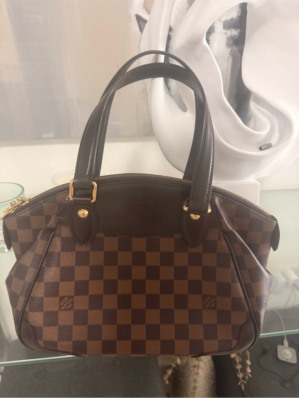 Louis Vuitton Brown Checkered Satchel with Gold Hardware